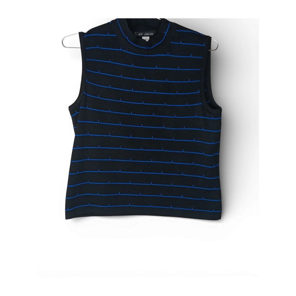 St. John Black Blue Striped Knit Sleeveless Top Shell Small Stretch Luxury - Picture 2 of 10